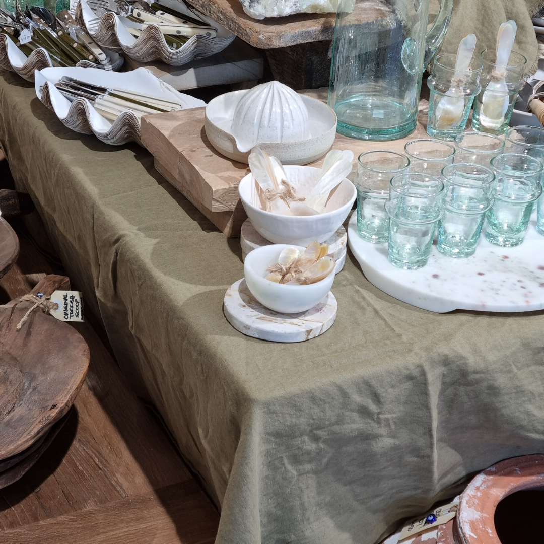 soft-linen-green-dining-tablecloth-olive, on table