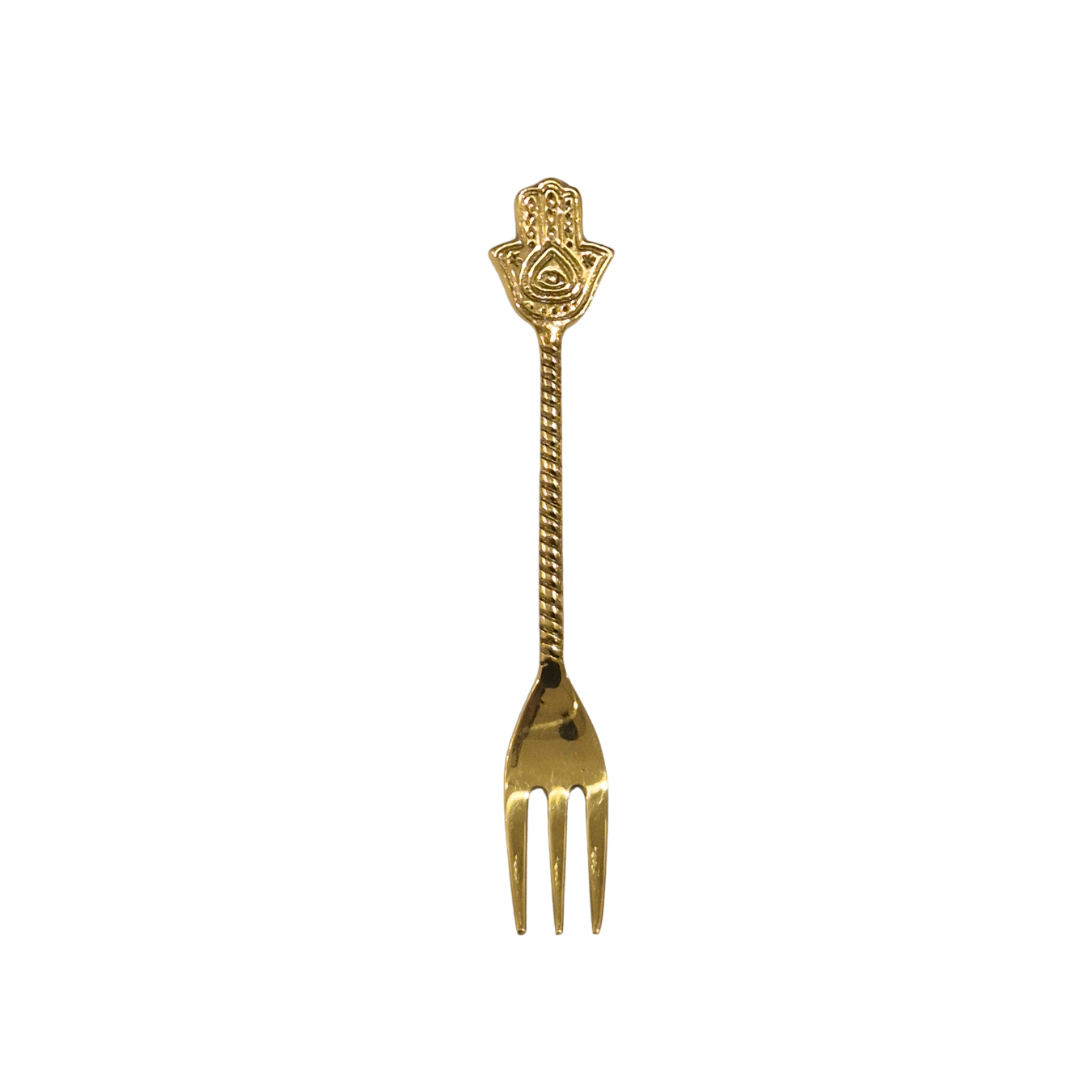 Gold decorative fork with a hamsa design on a white background