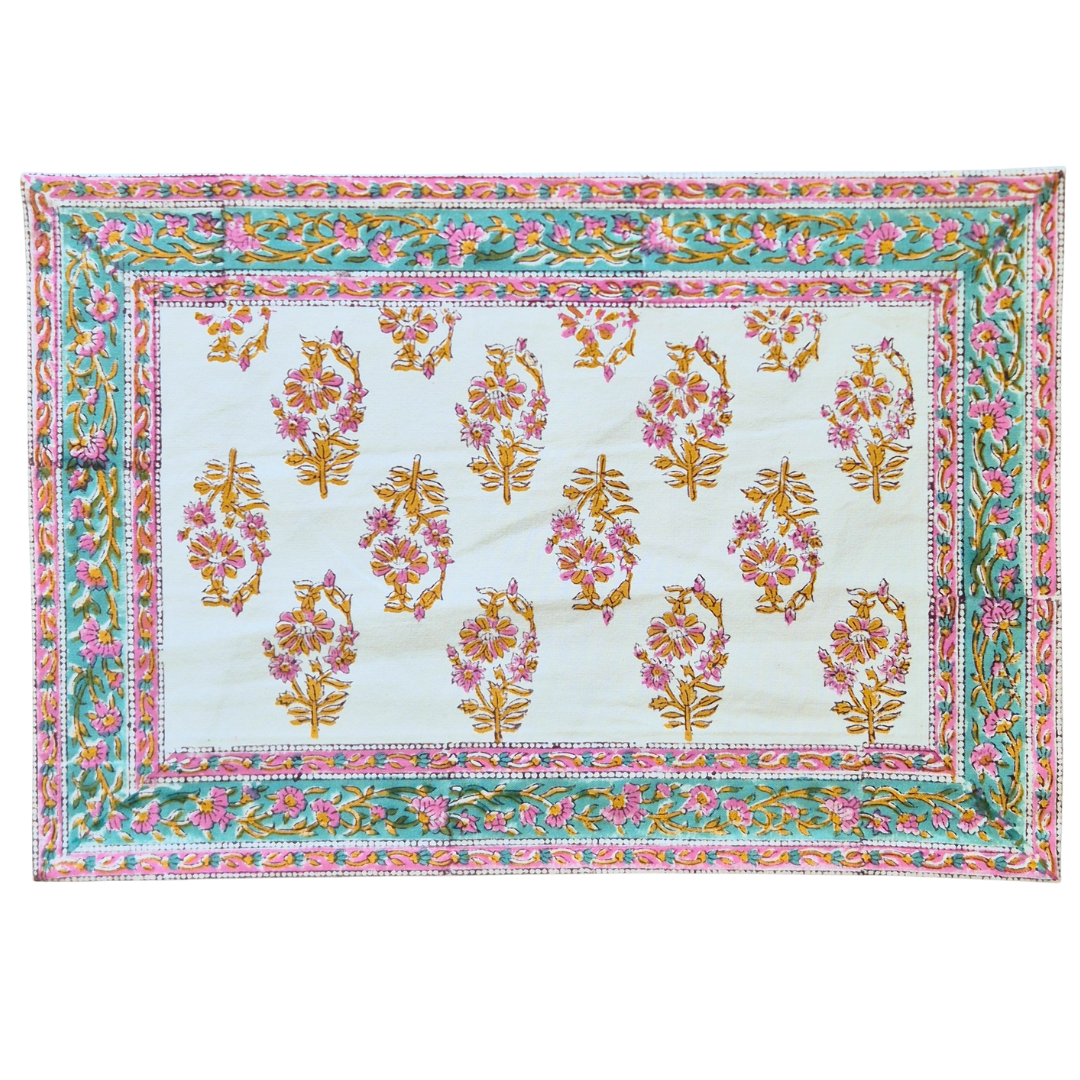 White, pink, gold and teal Indian block print cotton placemat with floral design, Rose Palace collection.