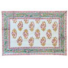 White, pink, gold and teal Indian block print cotton placemat with floral design, Rose Palace collection.
