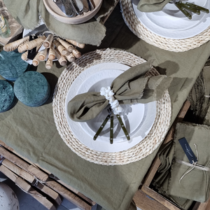soft-linen-green-dining-tablecloth-olive, on plate