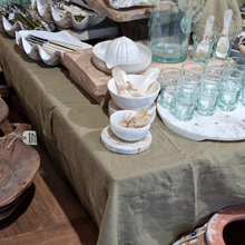 soft-linen-green-dining-tablecloth-olive, on table