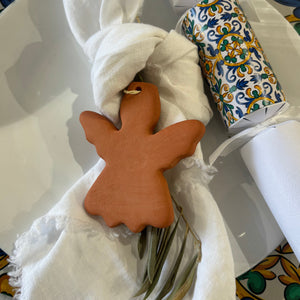 Handcrafted Clay Christmas Angel Ornament 2023, on cloth