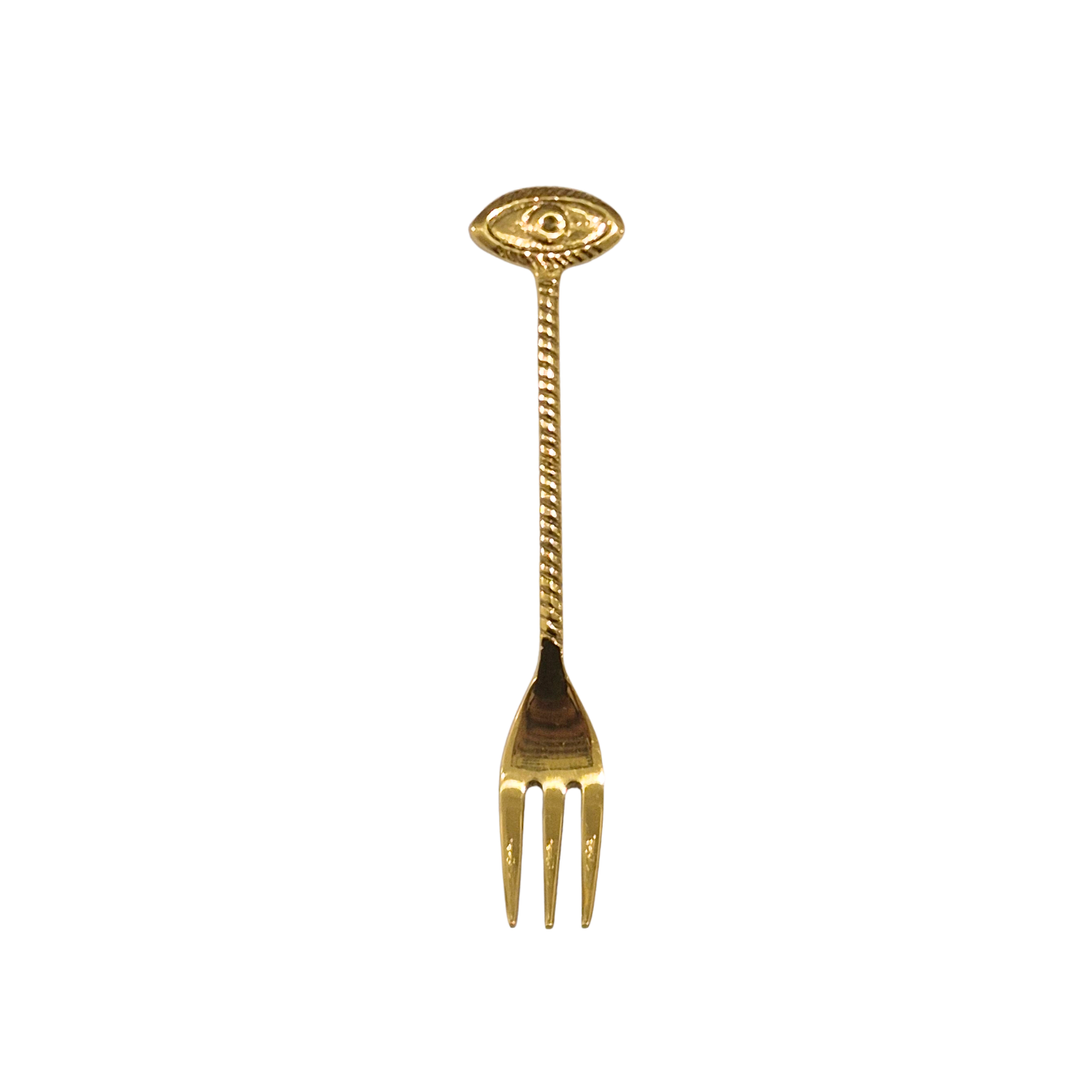 Gold decorative fork with eye design on a white background