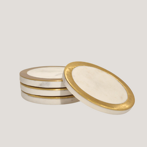 White Marble Coaster with Brass Rim - Round Design, image