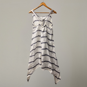 White Linen Dress | Blue Stripe, back side