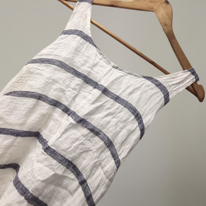 White Linen Dress | Blue Stripe, closeup