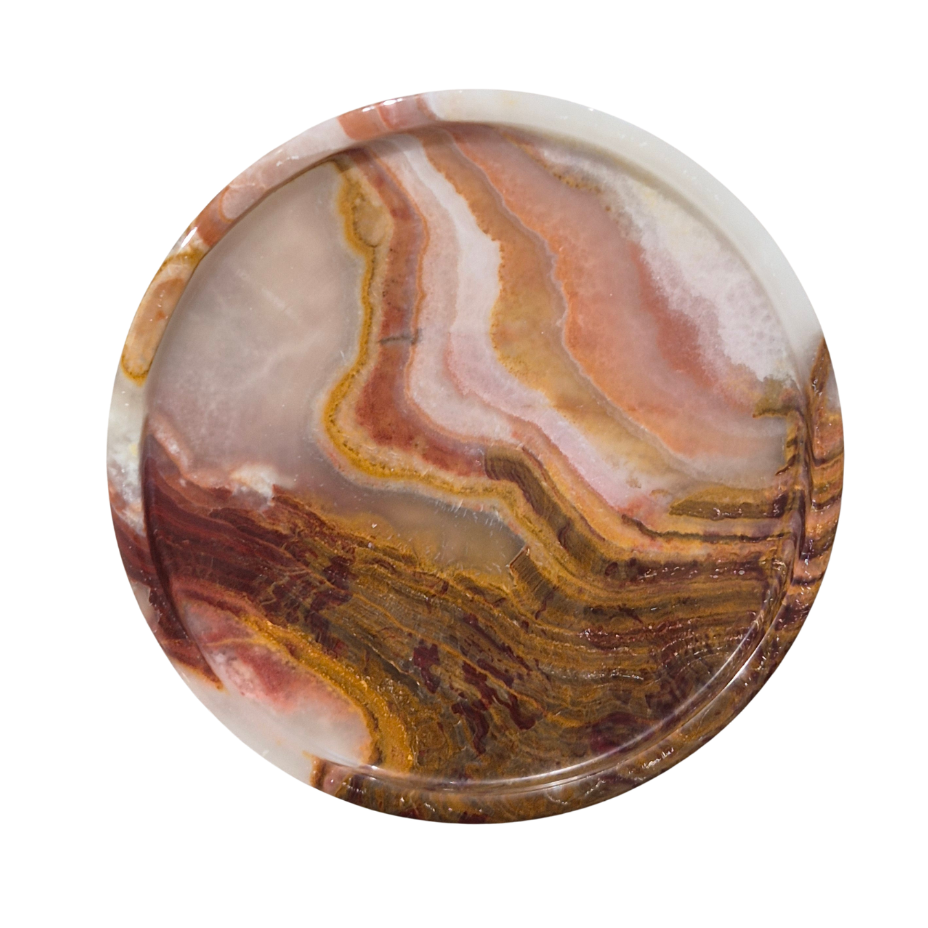 Round stone with multicolored patterns on a white background