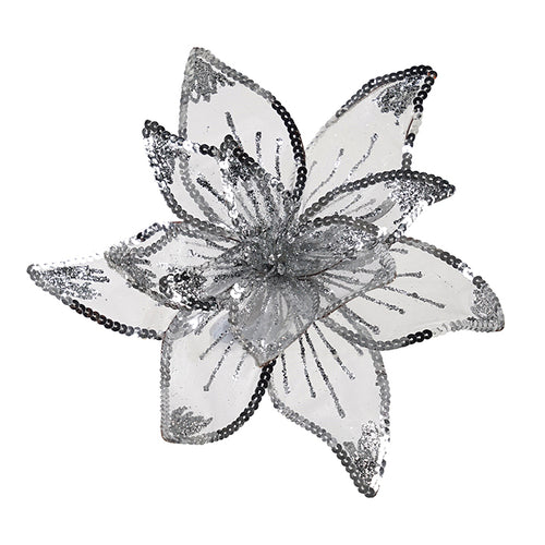 Silver Poinsettia Clip-on Flower - Sheer & Sequin