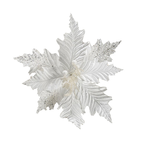 White Velvet Poinsettia Clip-on Flower - Silver Glitter