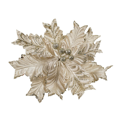 Champagne Poinsettia Clip-on Flower - Gold Glitter