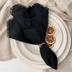 Comme Ça Linen Serviettes With Frayed Edge - Black