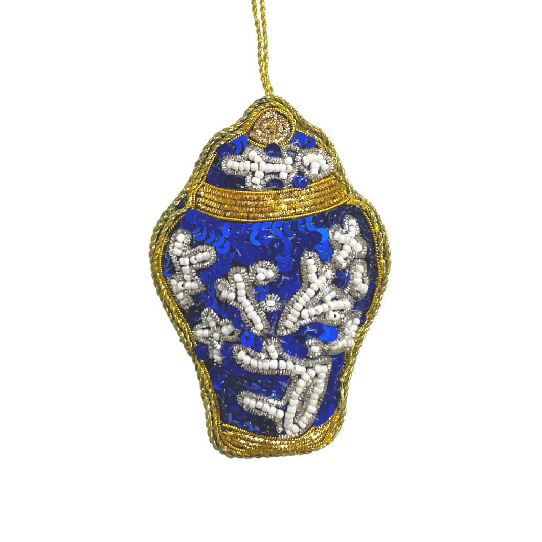 Ginger Jar Ornament - Blue Sequins