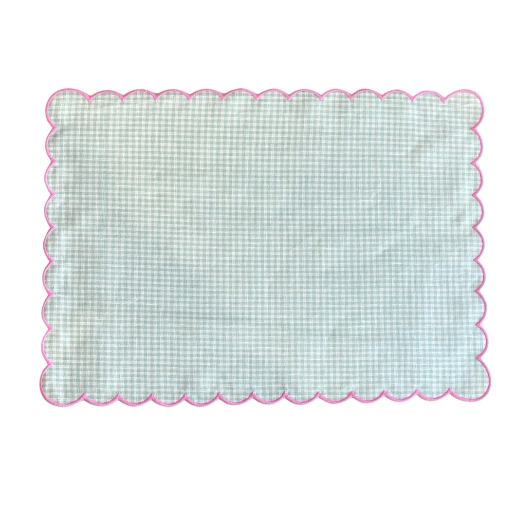 Kyoto Green Placemat - Green Gingham with Pink Scalloped Edges
