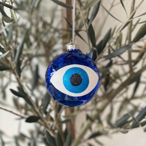 Evil Eye Christmas Tree Ornament -- Dark Blue, hanging